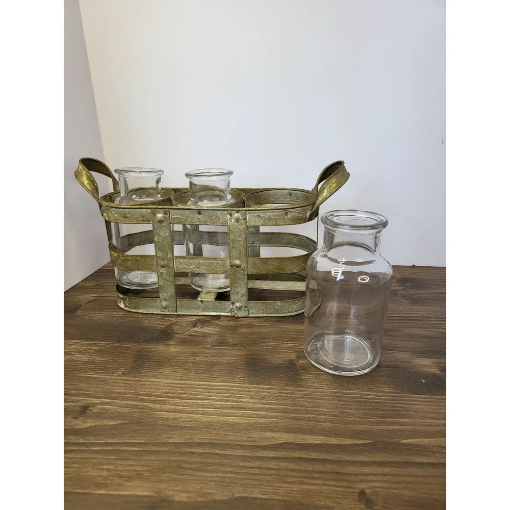 Farmhouse Gold Metal Caddy with 3 Glass Bud Vases Rustic Industrial Decor